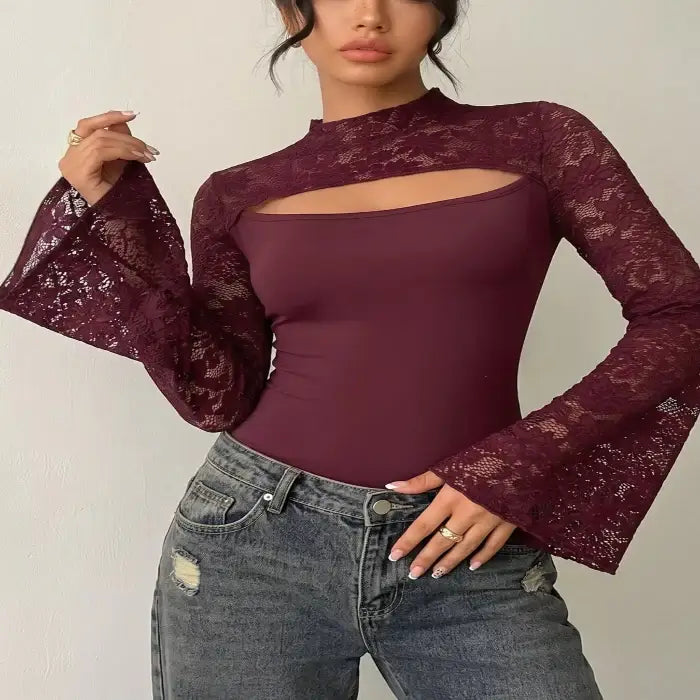 Lace cut-out flare sleeve bodysuit — primary view Main image