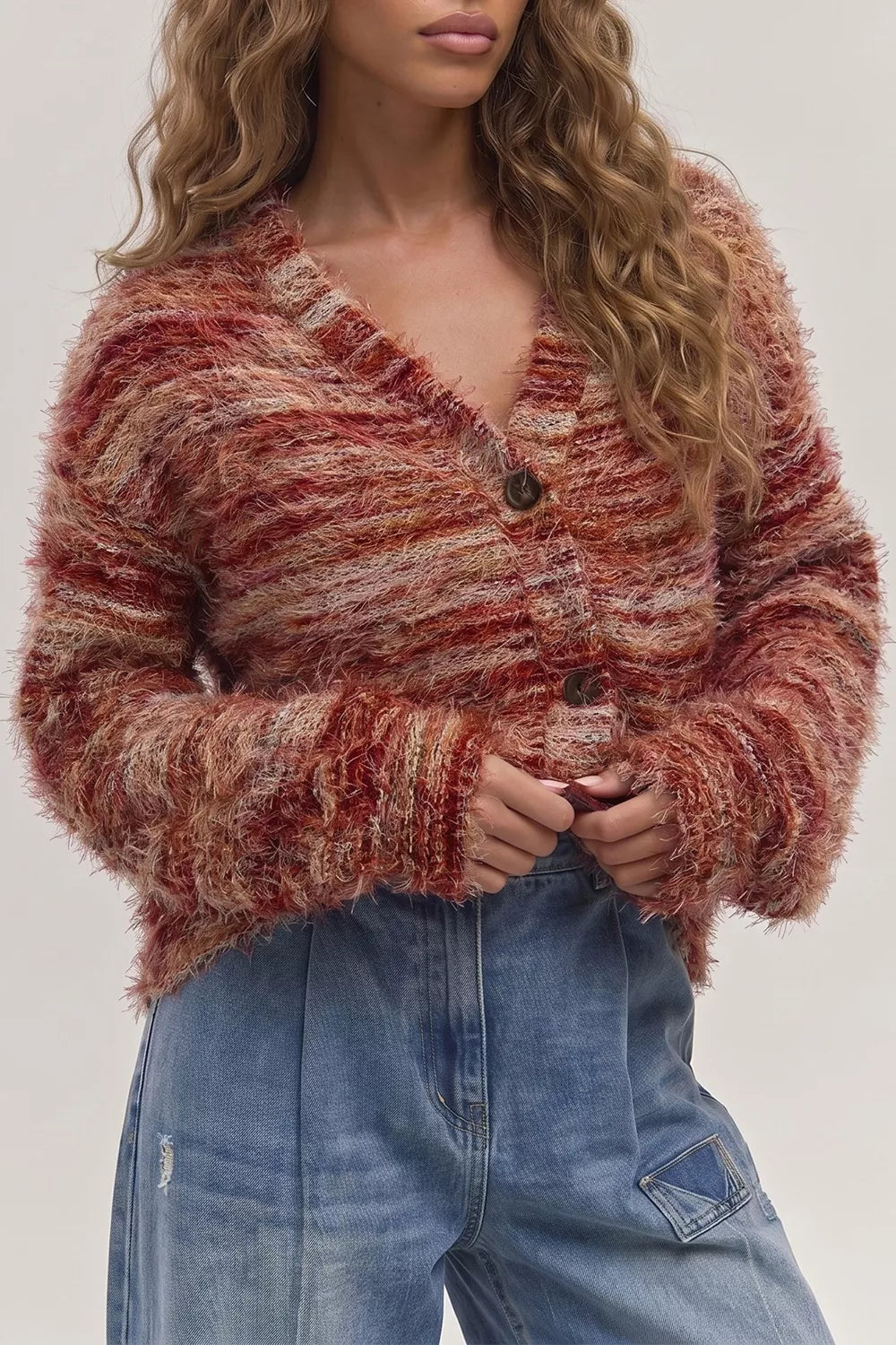 Fuzzy Striped Button Front Cardigan Sweater Secondary image