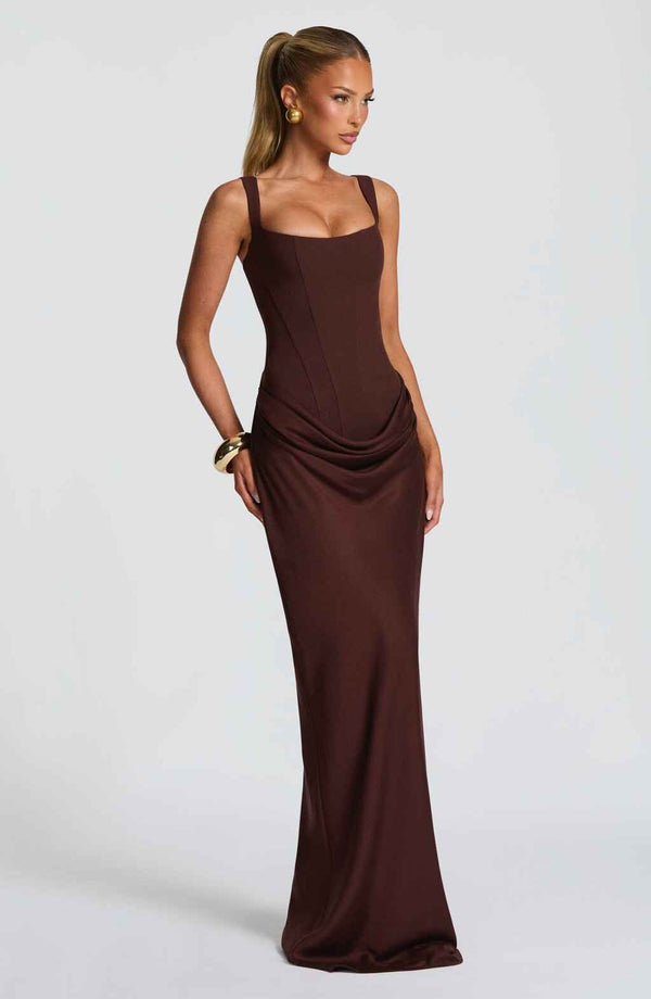 Trendy Off-Shoulder Fishtail Dress-Formal + Evening Dresses-Splashis-Color:Brown-Size:S-Splashis