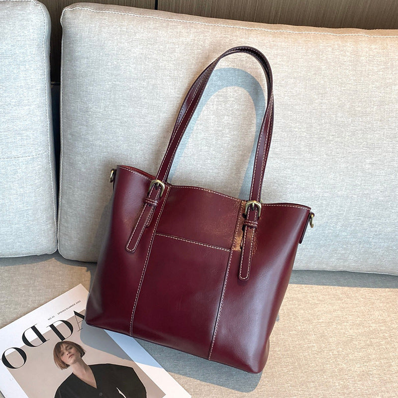 Leather tote bag shown from back angle