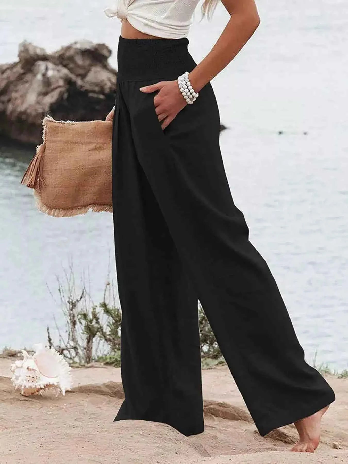 Smocked High Waisted Wide Leg Pants for Effortless Style and Comfort - Splashis