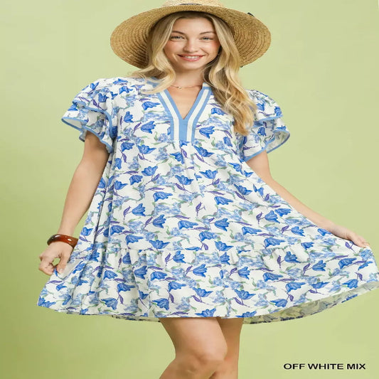 Floral Flutter Sleeve Tiered Dress--Splashis-Color:OFF WHITE MIX-Size:L