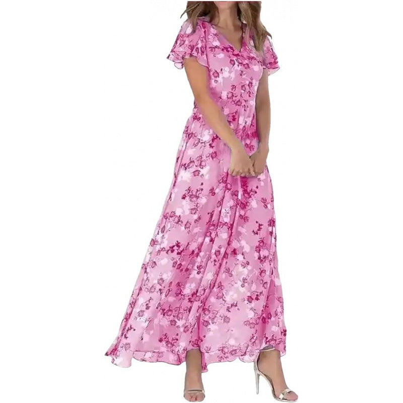 Floral Print Off-Shoulder Chiffon Maxi Dress - Splashis