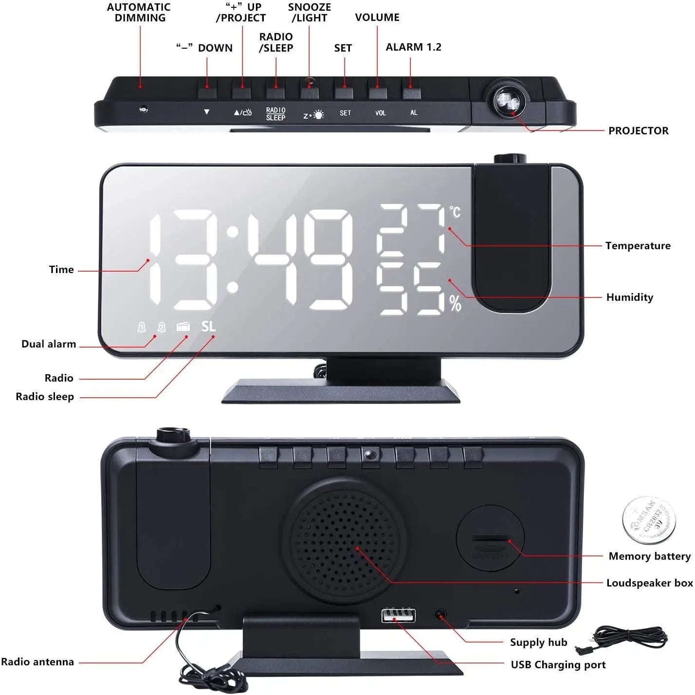 Projection Alarm Clock Splashis adjustable brightness clock alarm clock 2024 alarm clock for bedroom alarm clock for heavy sleepers alarm clock for seniors alarm clock with battery backup alarm clock with dimmer alarm clock with FM radio alarm
