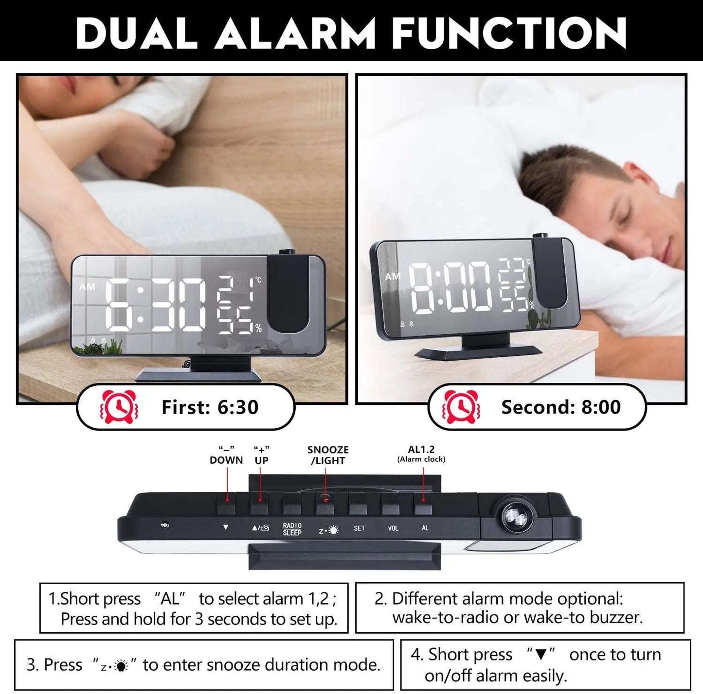 Projection Alarm Clock Splashis adjustable brightness clock alarm clock 2024 alarm clock for bedroom alarm clock for heavy sleepers alarm clock for seniors alarm clock with battery backup alarm clock with dimmer alarm clock with FM radio alarm