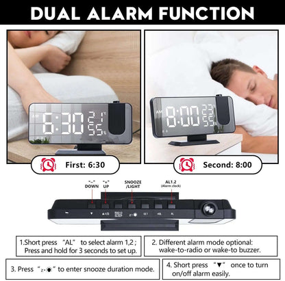 Projection Alarm Clock Splashis adjustable brightness clock alarm clock 2024 alarm clock for bedroom alarm clock for heavy sleepers alarm clock for seniors alarm clock with battery backup alarm clock with dimmer alarm clock with FM radio alarm