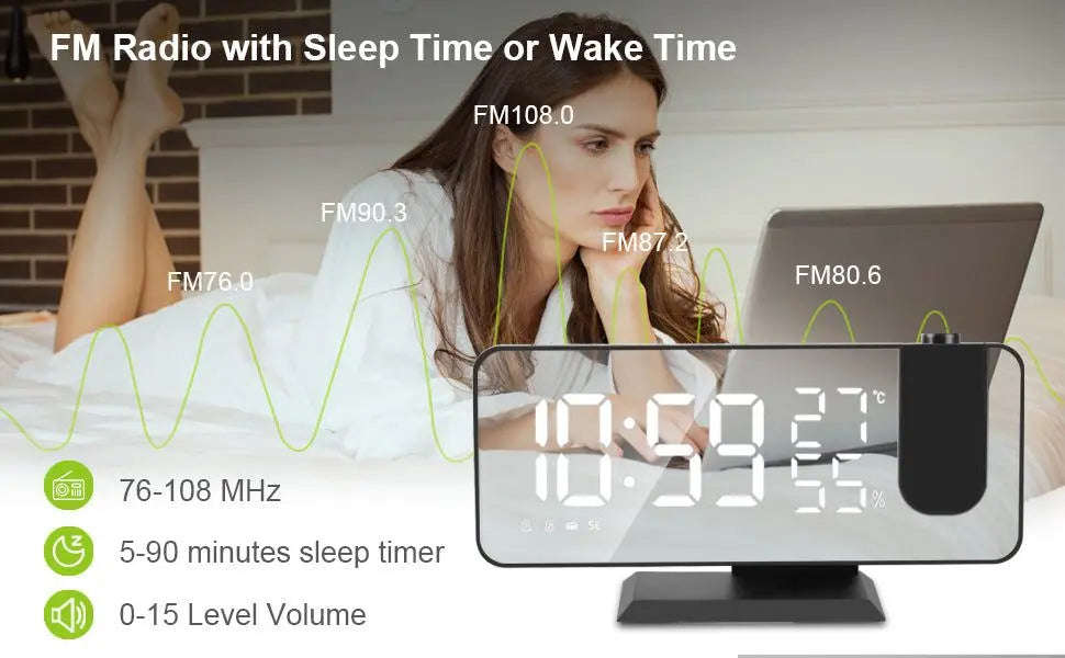 Projection Alarm Clock Splashis adjustable brightness clock alarm clock 2024 alarm clock for bedroom alarm clock for heavy sleepers alarm clock for seniors alarm clock with battery backup alarm clock with dimmer alarm clock with FM radio alarm