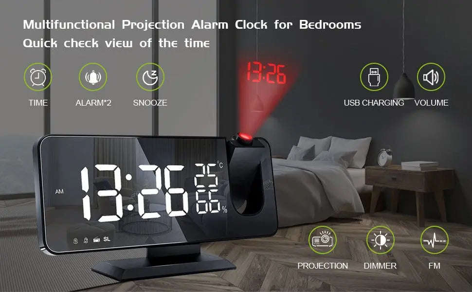 Projection Alarm Clock Splashis adjustable brightness clock alarm clock 2024 alarm clock for bedroom alarm clock for heavy sleepers alarm clock for seniors alarm clock with battery backup alarm clock with dimmer alarm clock with FM radio alarm