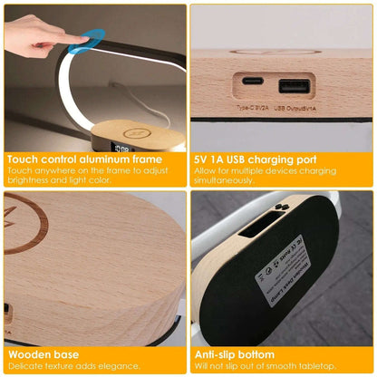 Smart 3-in-1 Wireless Charging Lamp Splashis 10W charger 10w-fast-charging-lamp 3-in-1 lamp 3-in-1-bedside-charging-station 3-in-1-desk-lamp adjustable lamp aluminum lamp aluminum-wood-desk-lamp apartment living apartment therapy bedroom decor