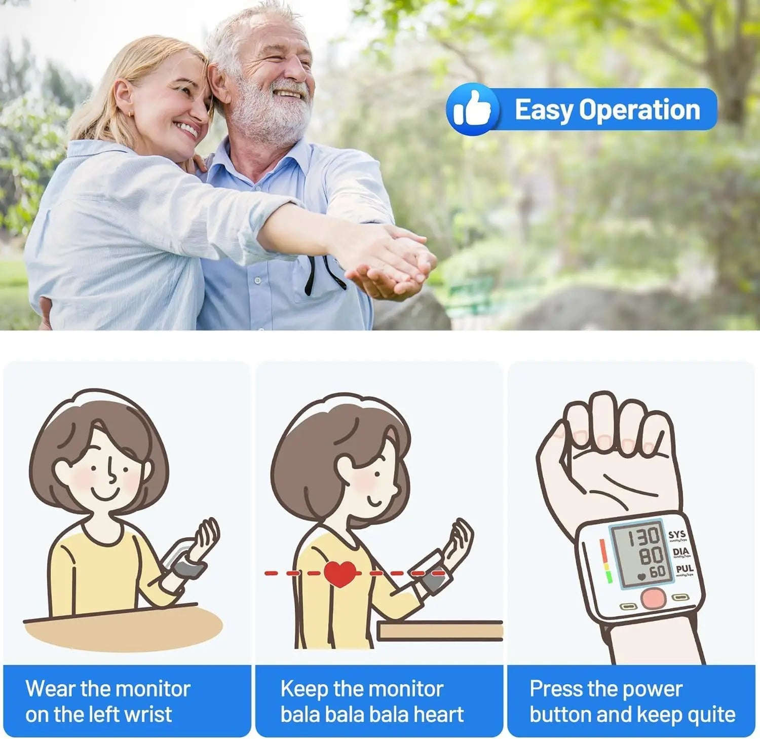 Smart Wrist Blood Pressure Monitor Splashis 180-Memory Dual User 45 second blood pressure accessible health monitor accurate BP monitor affordable health monitor AFib detector aging in place device automatic blood pressure cuff Automatic BP